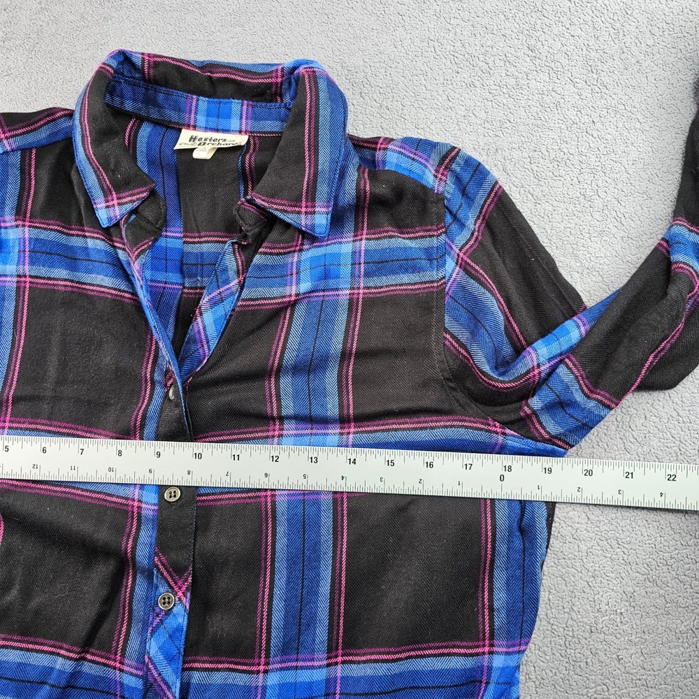 Hester & Orchard Shirt Women's Small Black Blue Plaid Roll Tab Sleeve Button-Up - Picture 5 of 11